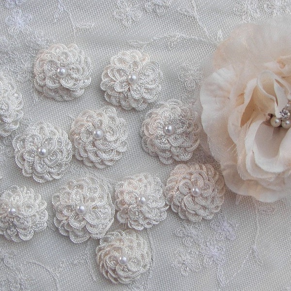 12 pc IVORY Cottage Chic Crocheted Flower Applique w Pearl Baby Doll Bow