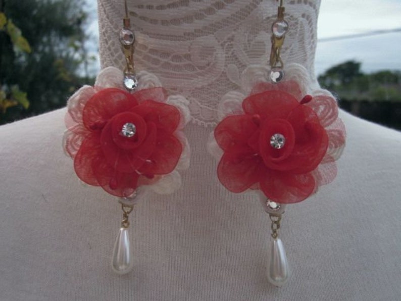 RED Christmas Earring Rhinestone Beaded Organza Rose Flower Pearl Drop Lace Bridal Wedding Original Design Valentines Day