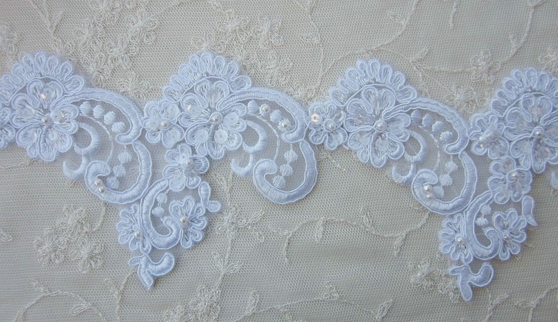 1 YD 26 INCHES Beaded Lace Trim WHITE Embellished Pearls Sequins Flower Bridal Veil Gown Christening Dress Embroidered Organza Doll