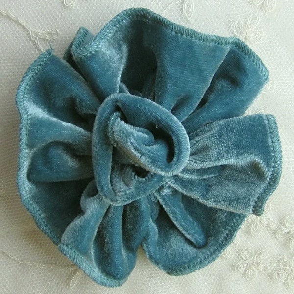 TEAL Velvet Ribbon Rose Fabric Flower Applique Hat Pin Baby Pageant Bridal Hair Accessory Applique