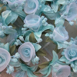 36 pc Rosette Rose Wired Flowers AQUA Organza Satin Ribbon w Pips Bridal Bouquet Hair Bow Accessory