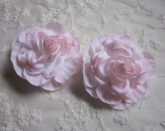 2 pc Pink Cabbage Rose Fabric Flower Applique Crinkle Victorian Hat Bridal Corsage Bouquet