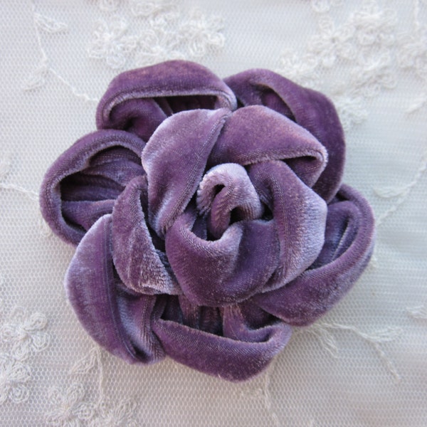 Purple Velvet Ribbon Rose Fabric Flower Applique Garden Hat Pin Hair Craft Bow Corsage Pageant Bridal Clothing Dress Accessory Embellishment