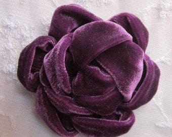 Eggplant Velvet Ribbon Rose Fabric Flower Floral Applique Garden Hat Bow Corsage Pageant Bridal Dress Lapel Pin Hair Accessory Embellishment