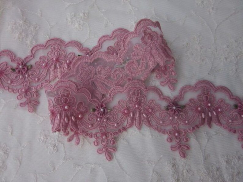 Rose Pink Pearl Sequin Beaded Flower Lace Trim Embellished | Etsy