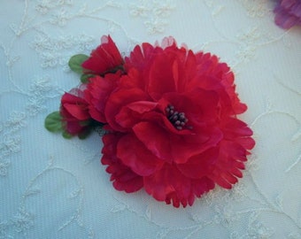 RED Organza Peony Rose FLOWER w Rose Bud Bridal Hair Accessory Pin OPTION