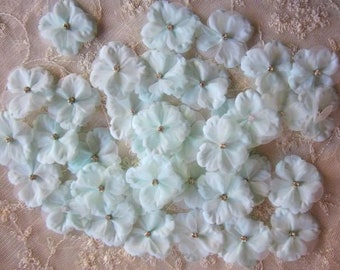 Pastel Aqua Baby Hydrangea Petal Flower Applique Trim Organza Embellished Rhinestone Bridal Veil Head Piece Scrapbook Journal Designs