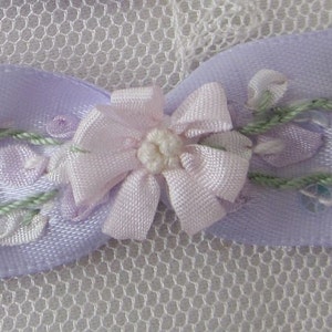 Satin Ribbon VINTAGE Bow Lilac Pink Sequin Beaded HAND Embroidered Rose Bud Flower Baby Doll Christening Embellishment 1 pc