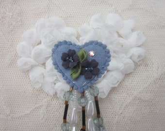 Valentine Heart PIN White Blue Beaded Ribbon Fabric Flower Applique Rose Bud Pearl Drop Fringe #7