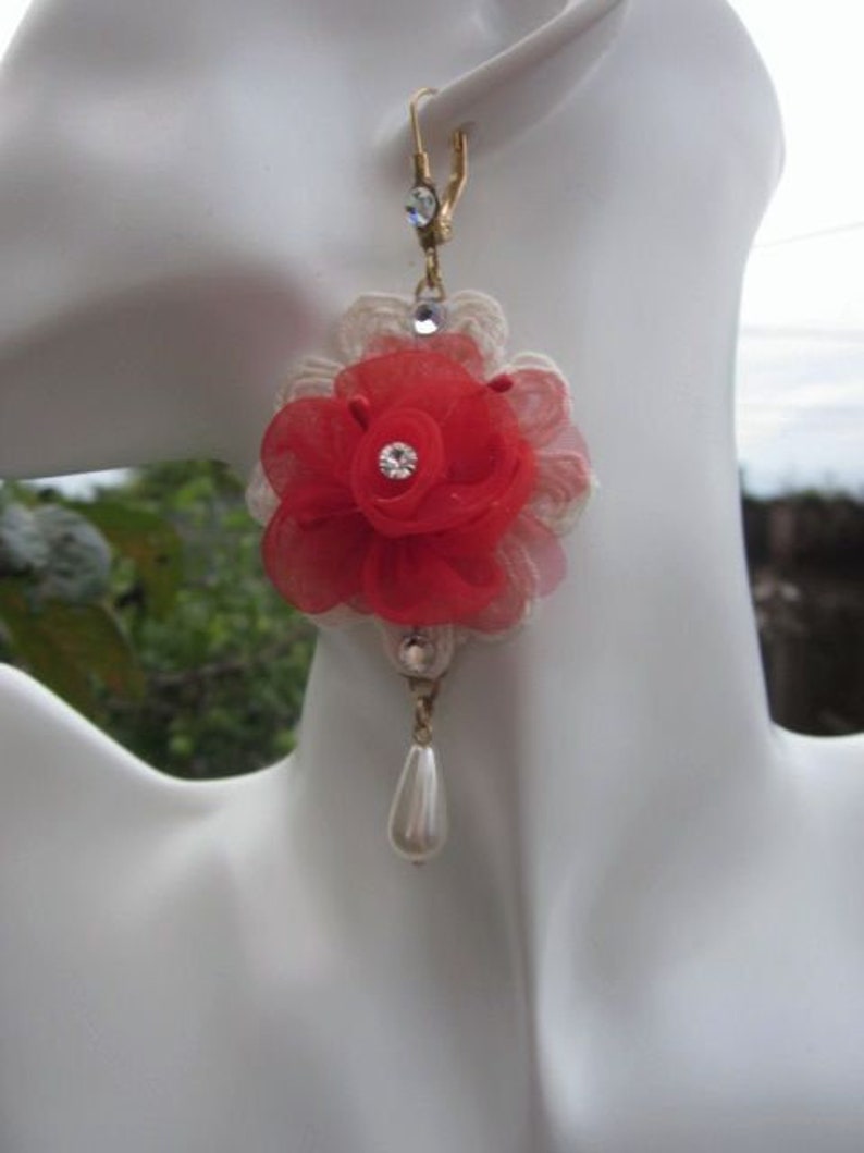 RED Christmas Earring Rhinestone Beaded Organza Rose Flower Pearl Drop Lace Bridal Wedding Original Design Valentines Day