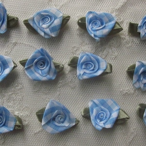 12 pc Blue White Rose Flower Gingham Checkered Ribbon Fabric Applique Bow Bridal Craft Hair Accessory Baby Bow