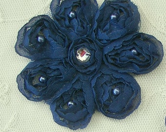 2 pc 3 inch Ribbon Rose Navy Blue Flower Sewing Applique Floral Beaded w Pearl Stone