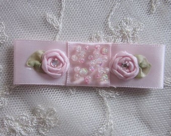 Satin Ribbon VINTAGE Bow Pink Sequin Beaded HAND Embroidered Rose Bud Flower Baby Doll Christening Embellishment 1 pc