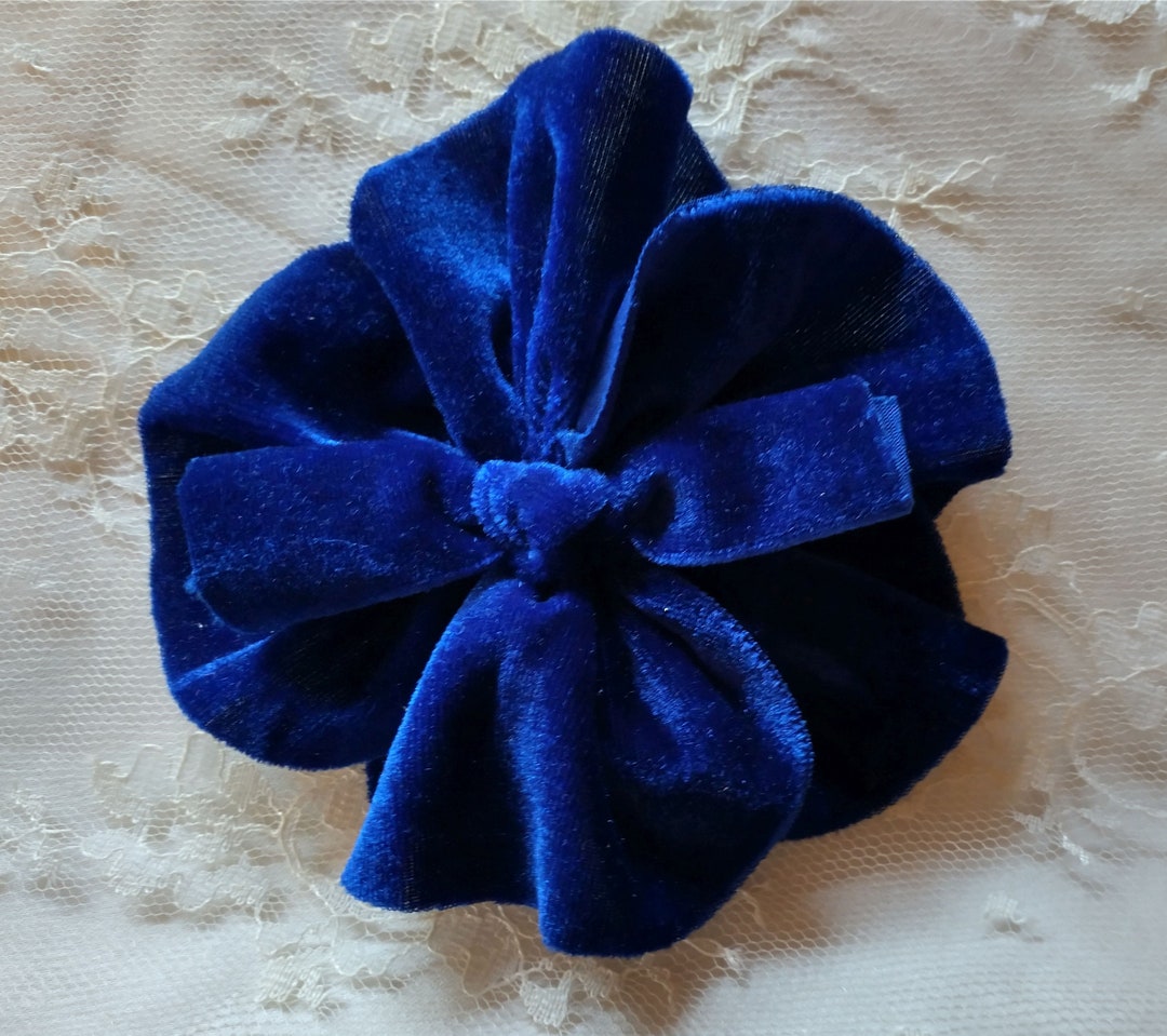 BLUE Velvet Ribbon Rose Fabric Flower Floral Applique Garden Hat Bow ...
