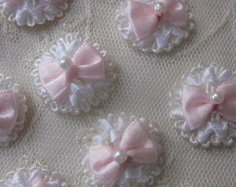 12 pc BOW PINK Off White Satin Fabric Ribbon Applique Pearl Beaded Bridal Craft Hair Accessory Baby Dog Hair Accessory