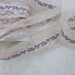 Lace Jacquard Ribbon Trim ORIGINAL DESIGN Vintage Like Pink Rose Bud Leaf Vine Embroidered Antique Doll Clothing Cuff Sash Pageant Couture