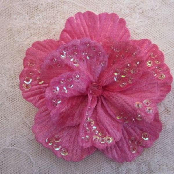 4 inch Handmade Velvet beaded w sequins and glass beads Shell Pink Poppy Beaded Flower Corsage