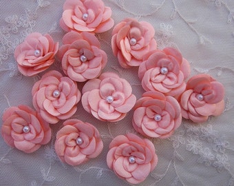 12 pc Christening Baby Doll Peach Satin Ribbon Rose Flowers w Pearl for Bridal Hair Accessory Bow