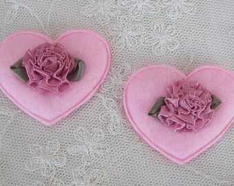 12 pc Pink Felt Satin Fabric Rose Flower Heart VALENTINE Applique Baby Bow