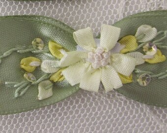 Satin Ribbon VINTAGE Bow Green Sequin Beaded HAND Embroidered Rose Bud Flower Baby Doll Christening Embellishment 1 pc