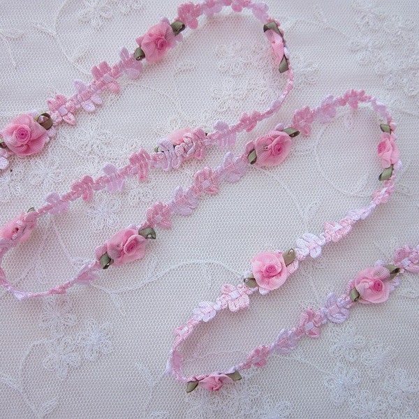 1 YD 17 Inches Pink Rococo Ribbon Trim w Rose Bud Flower Scrapbook Baby Quilt Bridal Pageant