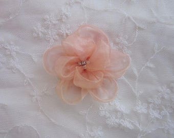 Peach Organza Fabric Beaded Flower Applique Rhinestone Rose Bridal Pageant Hat Corsage