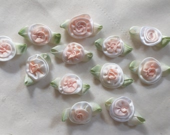 12 pc Peach White Satin Fabric Ribbon Rose Flower Ombre Applique Baby Doll Dress Garden Hat Junk Journal Scrapbook Fairy Craft Embellishment