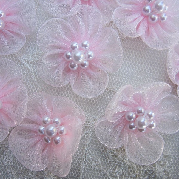 12 pc PINK Organza Pearl Beaded Ribbon Fabric Flower Applique Bridal Baby Doll Hair Bow Accessory Craft Supply Junk Journal Embellishment