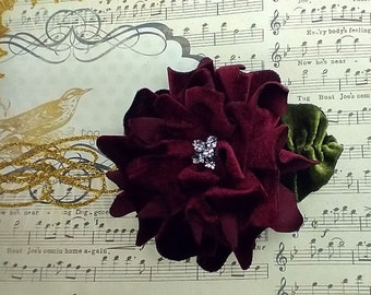 Burgundy PIN Velvet Ribbon Peony Rose Flower Applique Rhinestone Beaded Christmas Hat Corsage Pageant Accessory Jacket Lapel Embellishment