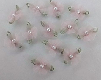 12 pc BLUSH PINK Organza Ribbon Fabric Flower Pearl Bead Beaded Applique Baby Doll Bow Bridal Scrapbook Junk Journal Fairy Embellishment