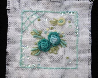 IVORY Teal LINEN VINTAGE Applique Patch Hand Embroidered Bouillion Flower Sequin Beaded Scrapbooking Pillow Bridal Baby Quilt Embellishment