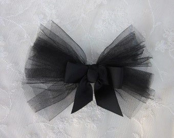 5.5 Inch BLACK Grosgrain TULLE Net Ribbon Bow Tie Applique Bridal Baby Hair Accessory Pin