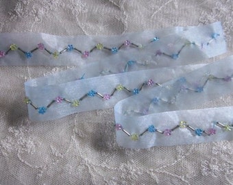 Baby Blue Beaded Flower Organza Ribbon Trim Bugle Bead Scrapbook Doll Quilt Sewing