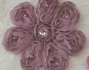 2 pc 3 inch Ribbon Rose Baby Mauve Flower Sewing Bridal Applique Floral Beaded w Pearl Stone
