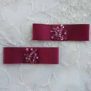 2pc Burgundy Satin Fabric Ribbon Bow Applique Beaded w Sequins Glass Bead Baby Doll Bridal Corsage