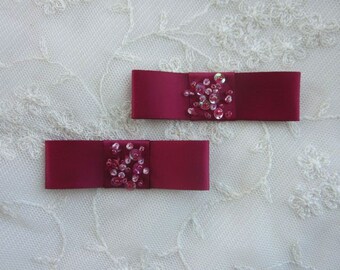 2pc Burgundy Satin Fabric Ribbon Bow Applique Beaded w Sequins Glass Bead Baby Doll Bridal Corsage