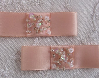 2pc Peach Satin Fabric Ribbon Bow Applique Beaded w Sequins Glass Bead Baby Doll Bridal Corsage