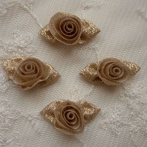 18 pc Gold Lame Ribbon Fabric Barrel Rose Flower Applique Shabby Chic Baby Doll