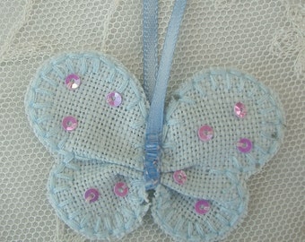 Sale 2 pc Beaded w Sequins Fabric Applique Embroidered Baby Blue Linen Butterfly Baby bonnet Doll Corsage Bow
