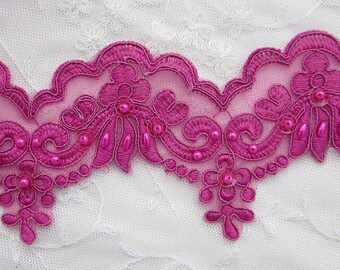 Embellished  Alecon Lace Beaded FUCHSIA Trim w Pearls Sequins Bridal