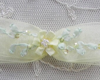 Yellow Organza Ribbon Fabric Bow VINTAGE Sequin Beaded HAND Embroidered Rose Bud Flower French Antique Baby Doll Dress Hair Embellishment