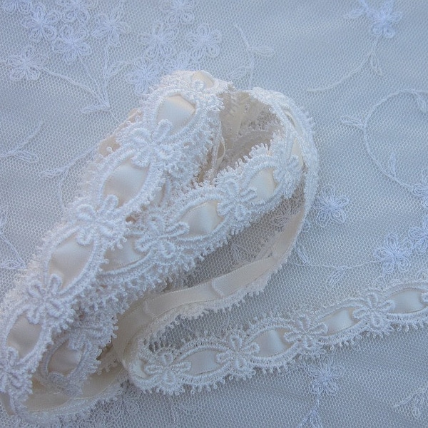 Ivory Embroidered Lace Trim Satin Insert Ribbon Bridal Pageant French Antique Baby Christening Dress Scrapbook Junk Journal Embellishment