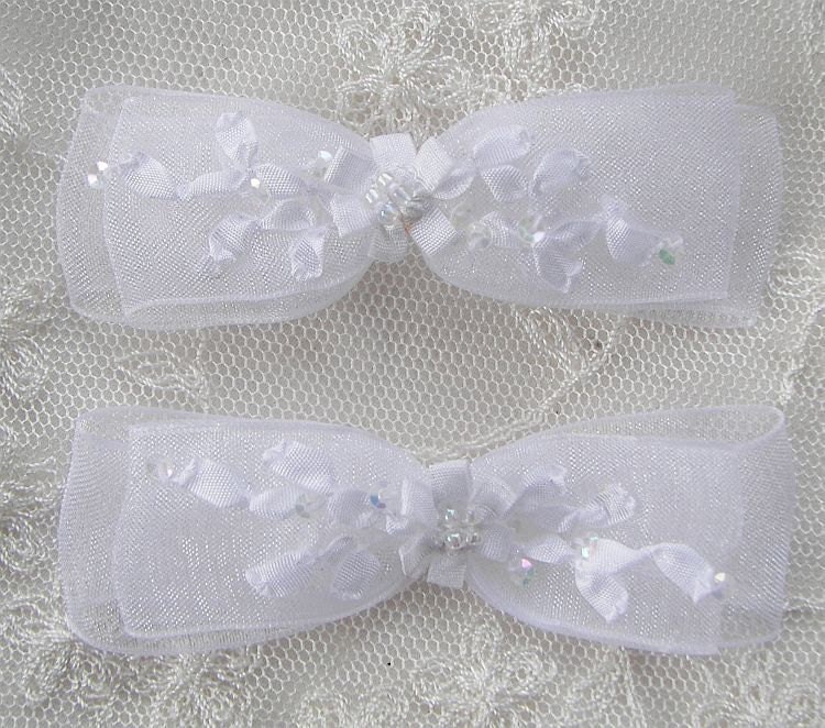 2pc Beaded Organza Fabric Flower Bow Applique w Sequins White Etsy