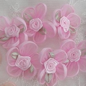12 PINK Satin Organza Rose Ribbon Flower Baby Doll Dress Sewing Bridal Favor Quilt Applique Junk Journal Scrapbook Quilt Craft Embellishment