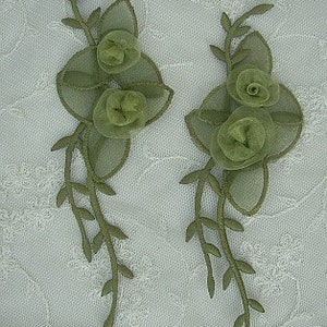 2 Pc Green IRON ON Organza Ribbon Rose Fabric Flower Valentine Appliques Embroidered Iron On Baby Bridal Sewing Headband Embellishment