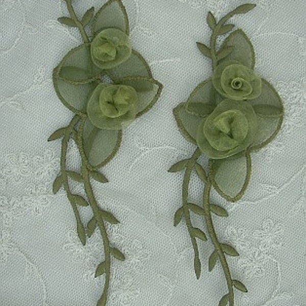 2 Pc Green IRON ON Organza Ribbon Rose Fabric Flower Valentine Appliques Embroidered Iron On Baby Bridal Sewing Headband Embellishment