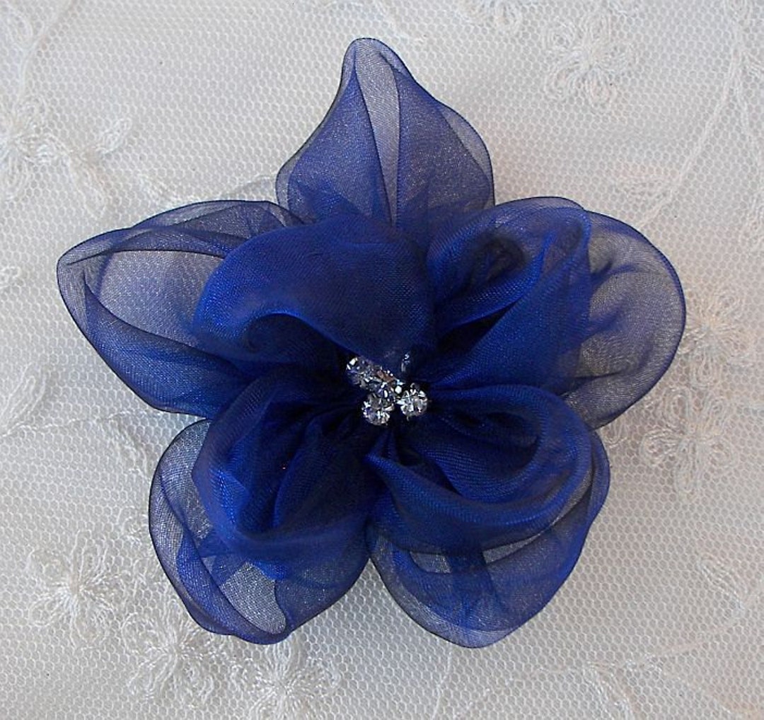 Blue Fabric Beaded Flower Applique Rhinestone Organza Rose Bridal