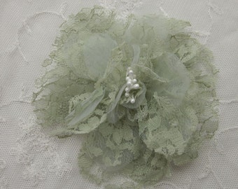 4.5 inch SAGE Green Lace Organza Fabric Ribbon Rose Flower Hat Corsage Pin Baby Pageant Bridal Hair Accessory Applique