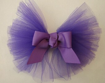 5.5 Inch Purple  Grape Grosgrain TULLE Net Ribbon Bow Tie Applique Bridal Baby Hair Accessory Pin