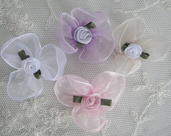 12 pc Delicate Handmade Shabby Chic Reborn Baby Doll boutique Organza ribbon satin rose flowers pastel mixed colors baby hair bow